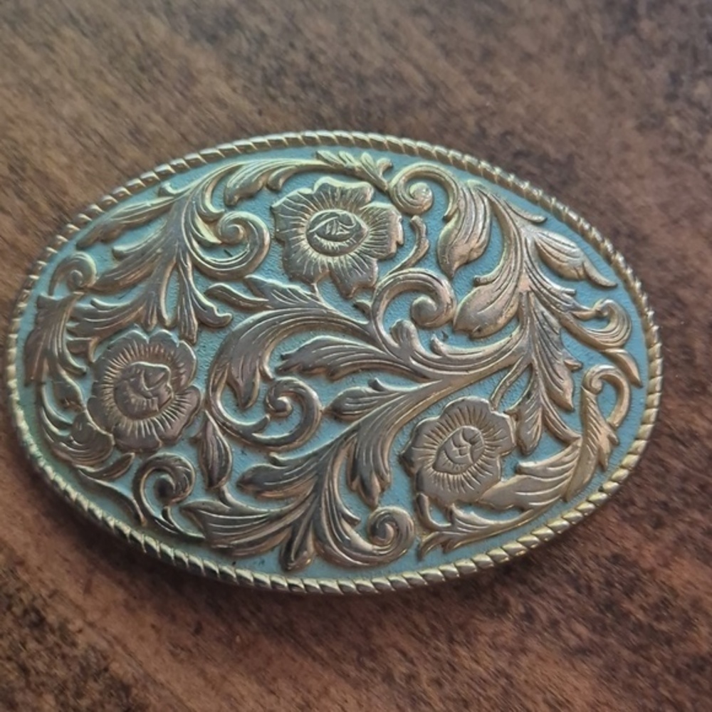 Beautiful Blue & Gold Tone Floral Belt Buckle Women's